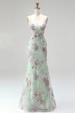 Sparkly Light Green Mermaid Sequins Spaghetti Straps Long Prom Dress with Appliques