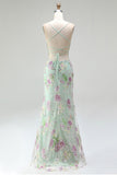 Sparkly Light Green Mermaid Sequins Spaghetti Straps Long Prom Dress with Appliques