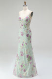 Sparkly Light Green Mermaid Sequins Spaghetti Straps Long Prom Dress with Appliques