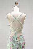 Sparkly Light Green Mermaid Sequins Spaghetti Straps Long Prom Dress with Appliques