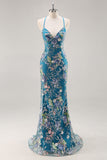Sparkly Light Green Mermaid Sequins Spaghetti Straps Long Prom Dress with Appliques