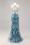 Sparkly Light Green Mermaid Sequins Spaghetti Straps Long Prom Dress with Appliques