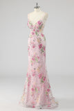 Sequins Mermaid Spaghetti Straps Pink Prom Dress with Appliques