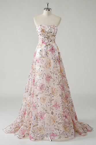 Sparkly Pink A-Line Strapless Sequin Floral Long Prom Dress