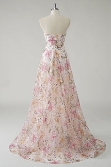 Sparkly Pink A-Line Strapless Sequin Floral Long Prom Dress