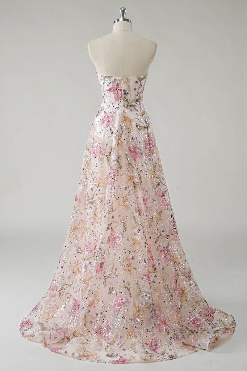 Load image into Gallery viewer, Sparkly Pink A-Line Strapless Sequin Floral Long Prom Dress