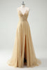 Load image into Gallery viewer, A Line Gold Sequin Spaghetti Straps Prom Dress With Slit