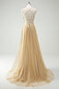 Load image into Gallery viewer, A Line Gold Sequin Spaghetti Straps Prom Dress With Slit