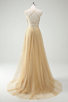 A Line Gold Sequin Spaghetti Straps Prom Dress With Slit