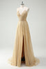 Load image into Gallery viewer, A Line Gold Sequin Spaghetti Straps Prom Dress With Slit