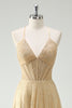 Load image into Gallery viewer, A Line Gold Sequin Spaghetti Straps Prom Dress With Slit