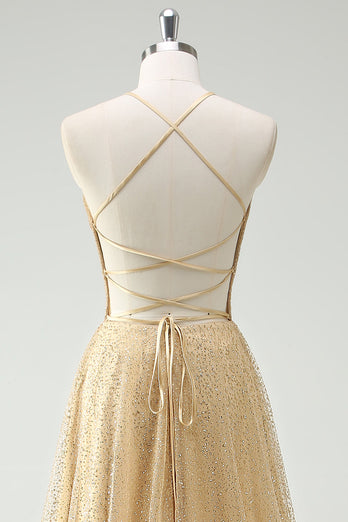 A Line Gold Sequin Spaghetti Straps Prom Dress With Slit