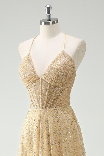 A Line Gold Sequin Spaghetti Straps Prom Dress With Slit