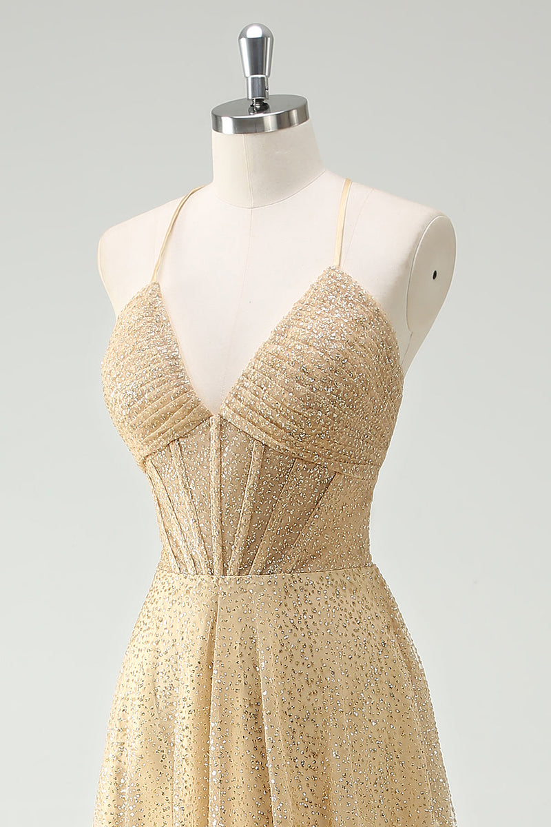 Load image into Gallery viewer, A Line Gold Sequin Spaghetti Straps Prom Dress With Slit