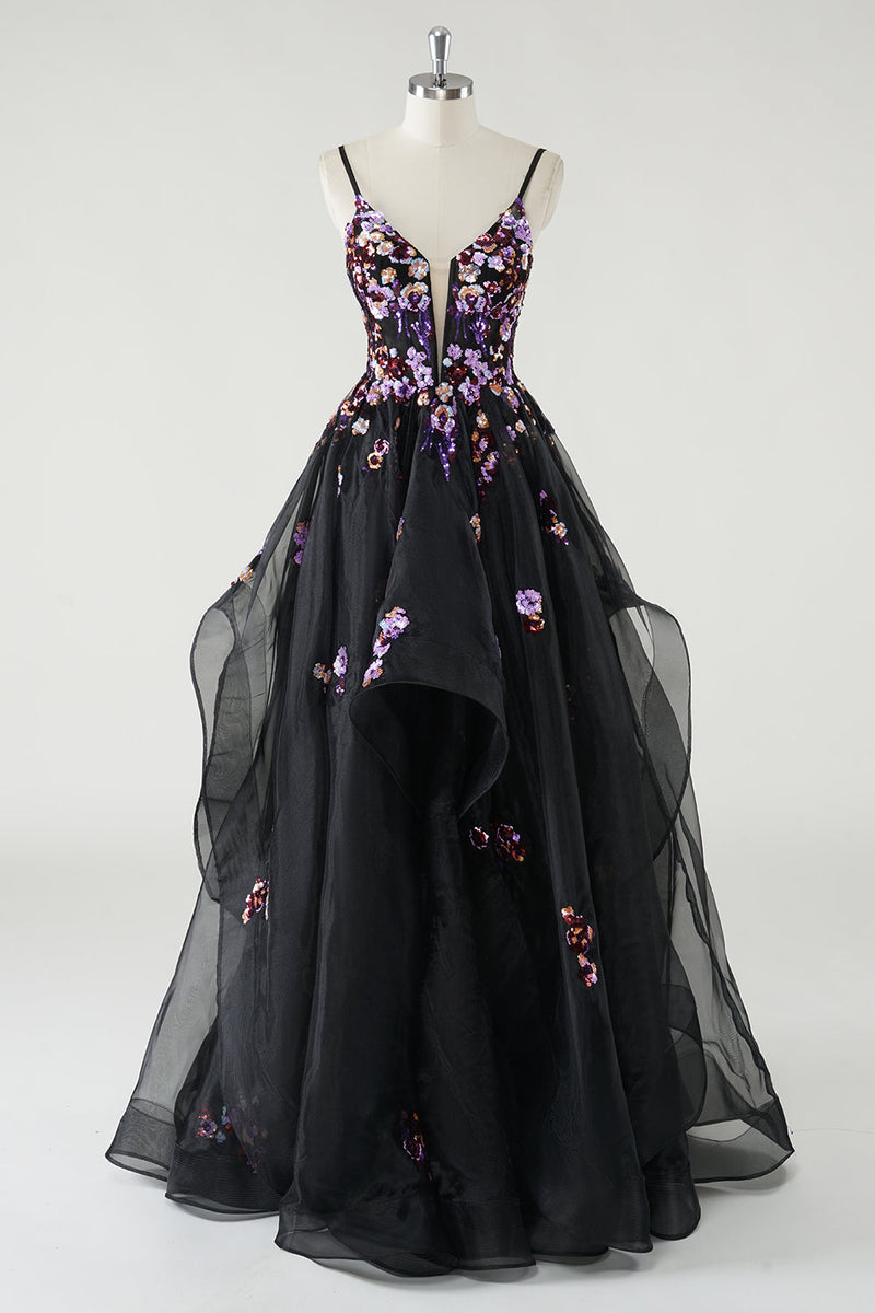 Load image into Gallery viewer, A Line Deep V Neck Black Long Prom Dress with Sequined Appliques