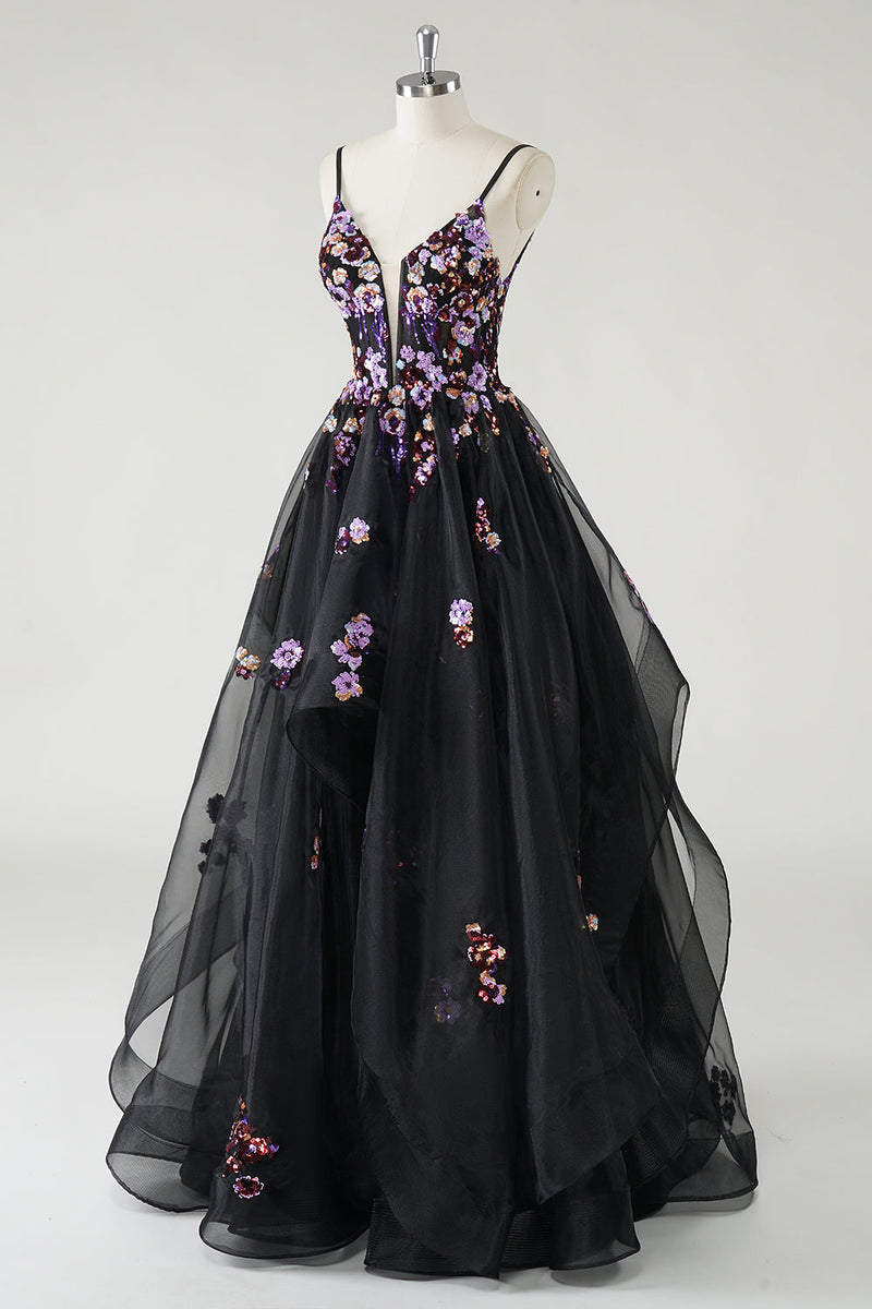 Load image into Gallery viewer, A Line Deep V Neck Black Long Prom Dress with Sequined Appliques