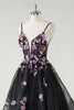 Load image into Gallery viewer, A Line Deep V Neck Black Long Prom Dress with Sequined Appliques