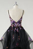 Load image into Gallery viewer, A Line Deep V Neck Black Long Prom Dress with Sequined Appliques