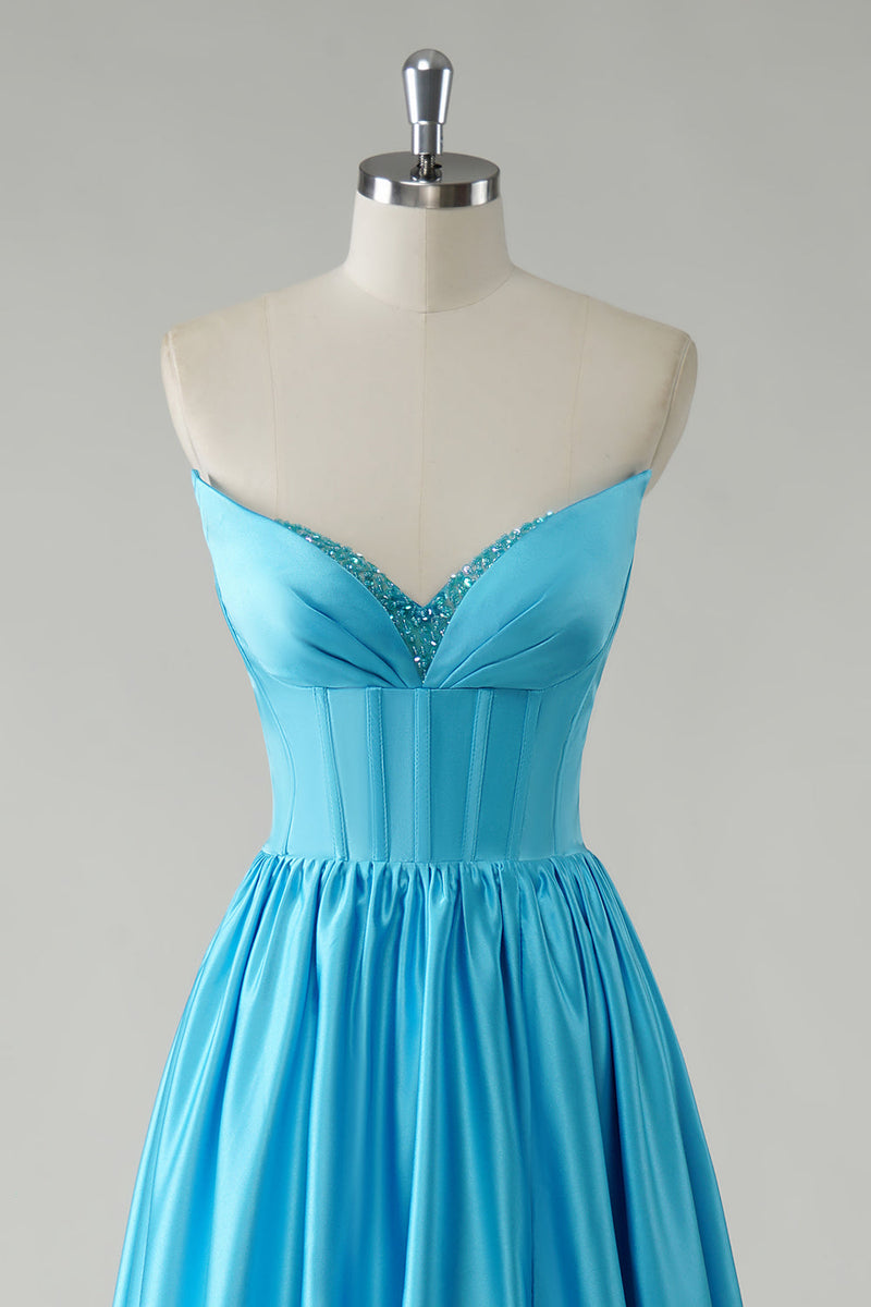 Load image into Gallery viewer, Sparkly Blue A-Line Strapless Sequin Corset Long Prom Dress