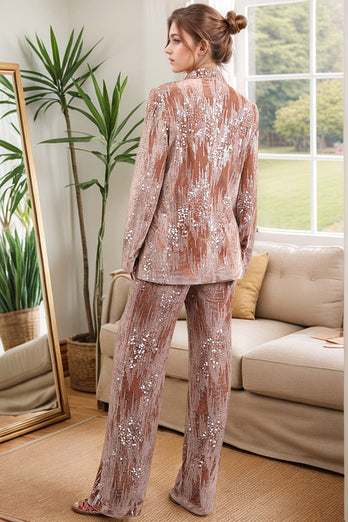 Dusty Rose Velvet Notched Lapel Sequins 2 Pieces Suits