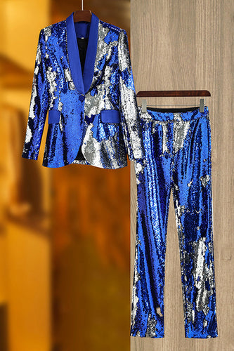 Sparkly Royal Blue Shawl Lapel Women's Party Suits