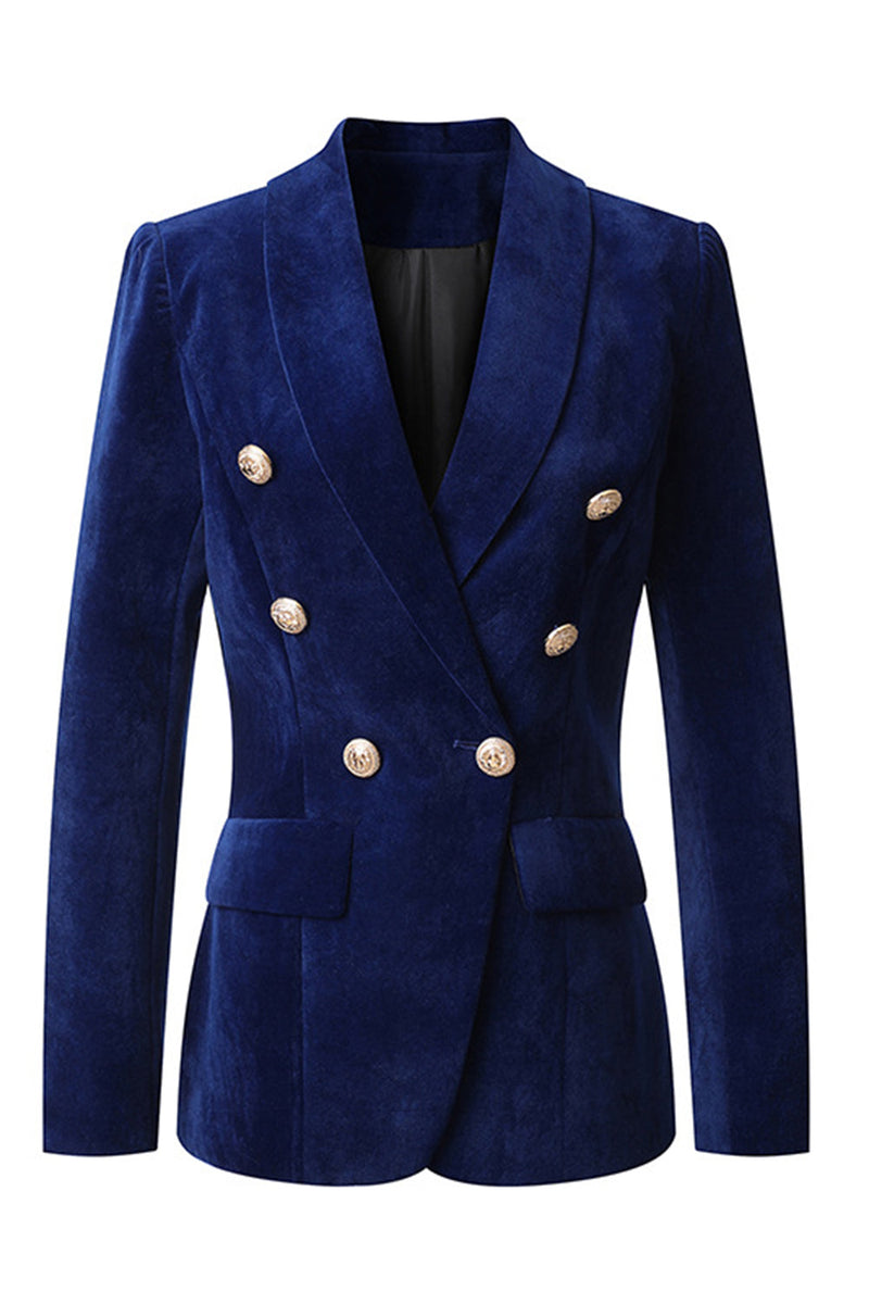 Load image into Gallery viewer, Navy Velvet Shawl Lapel Double Breasted Women&#39;s Blazer