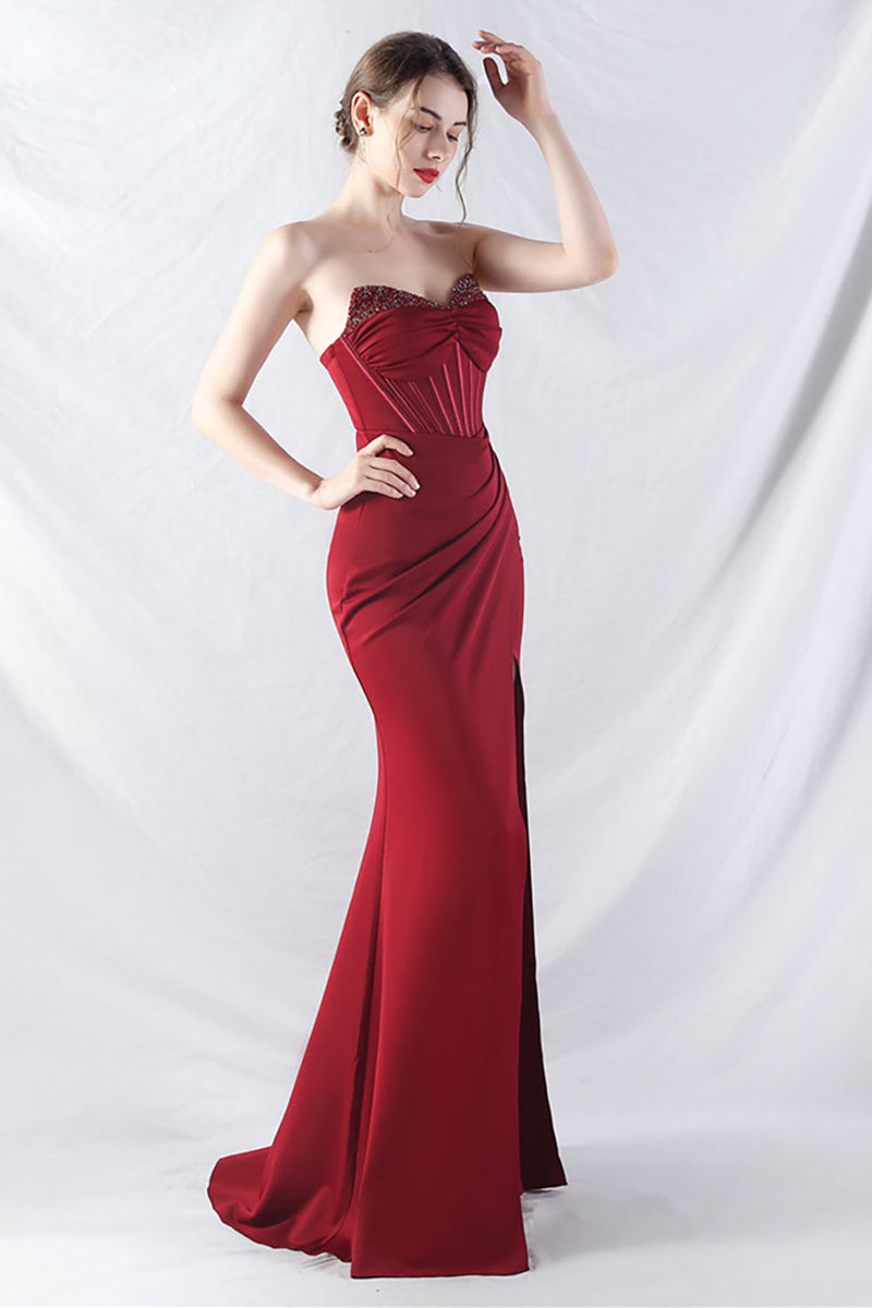 Load image into Gallery viewer, Sparkly Burgundy Beaded Corset Long Prom Dress with Slit