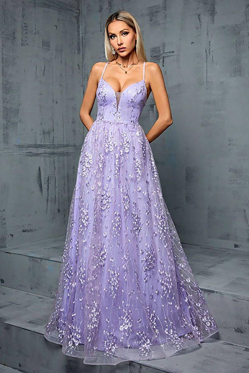 Load image into Gallery viewer, Light Purple A Line Spaghetti Straps Tulle Prom Dress