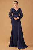 Navy Mermaid Sequins Long Sleeves Choir Dress with Side Cape