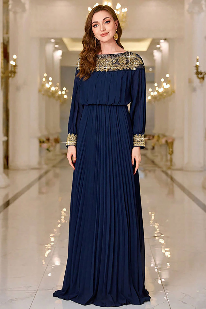 Load image into Gallery viewer, Navy Pleated A Line Boat Neck Long Prom Dress