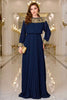 Load image into Gallery viewer, Navy Pleated A Line Boat Neck Long Prom Dress