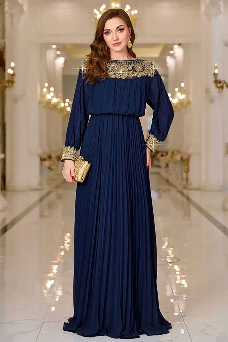 Load image into Gallery viewer, Navy Pleated A Line Boat Neck Long Prom Dress