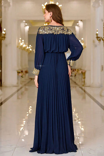 Navy Pleated A Line Boat Neck Long Prom Dress