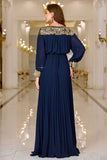 Navy Pleated A Line Boat Neck Long Prom Dress