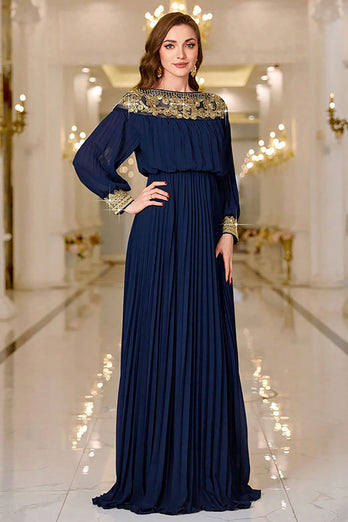 Navy Pleated A Line Boat Neck Long Prom Dress