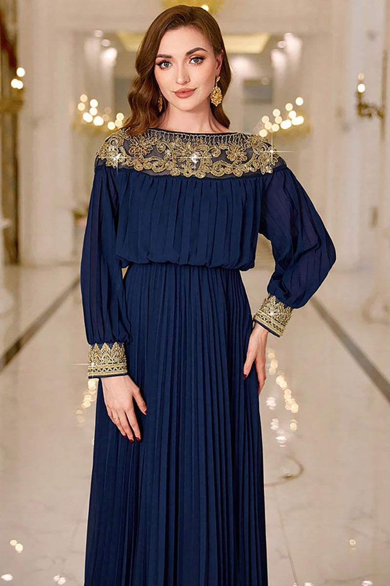 Load image into Gallery viewer, Navy Pleated A Line Boat Neck Long Prom Dress