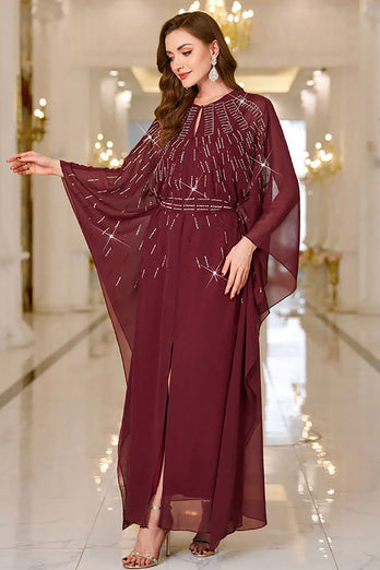 Sparkly Burgundy A Line Round Neck Long Sleeves Prom Dress