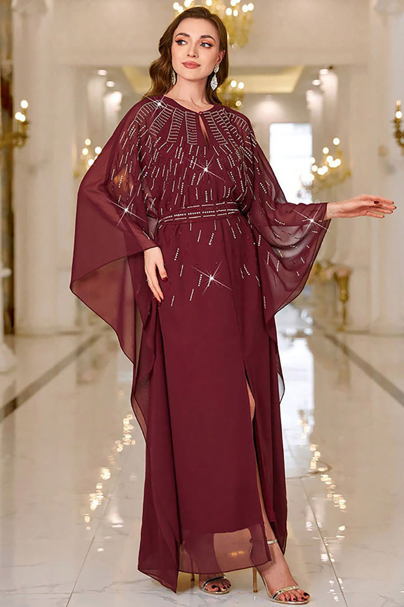 Load image into Gallery viewer, Sparkly Burgundy A Line Round Neck Long Sleeves Prom Dress