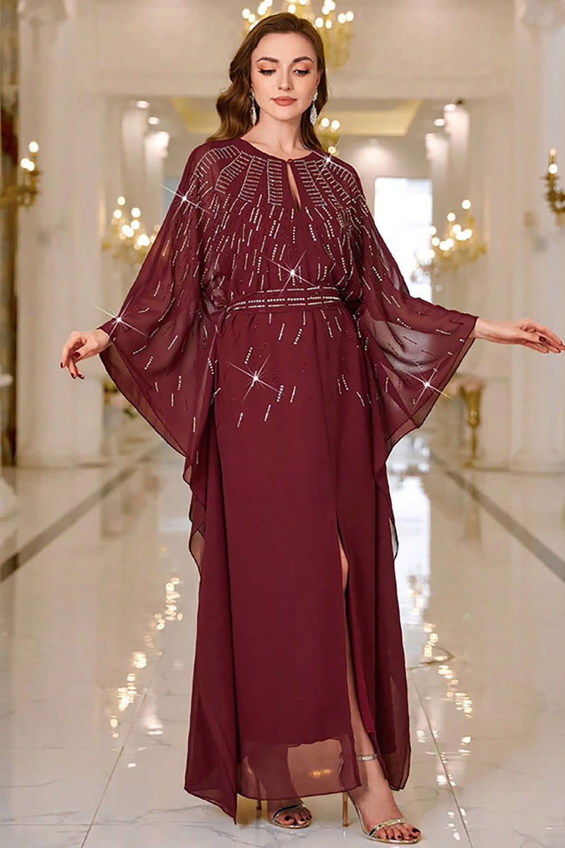 Load image into Gallery viewer, Sparkly Burgundy A Line Round Neck Long Sleeves Prom Dress