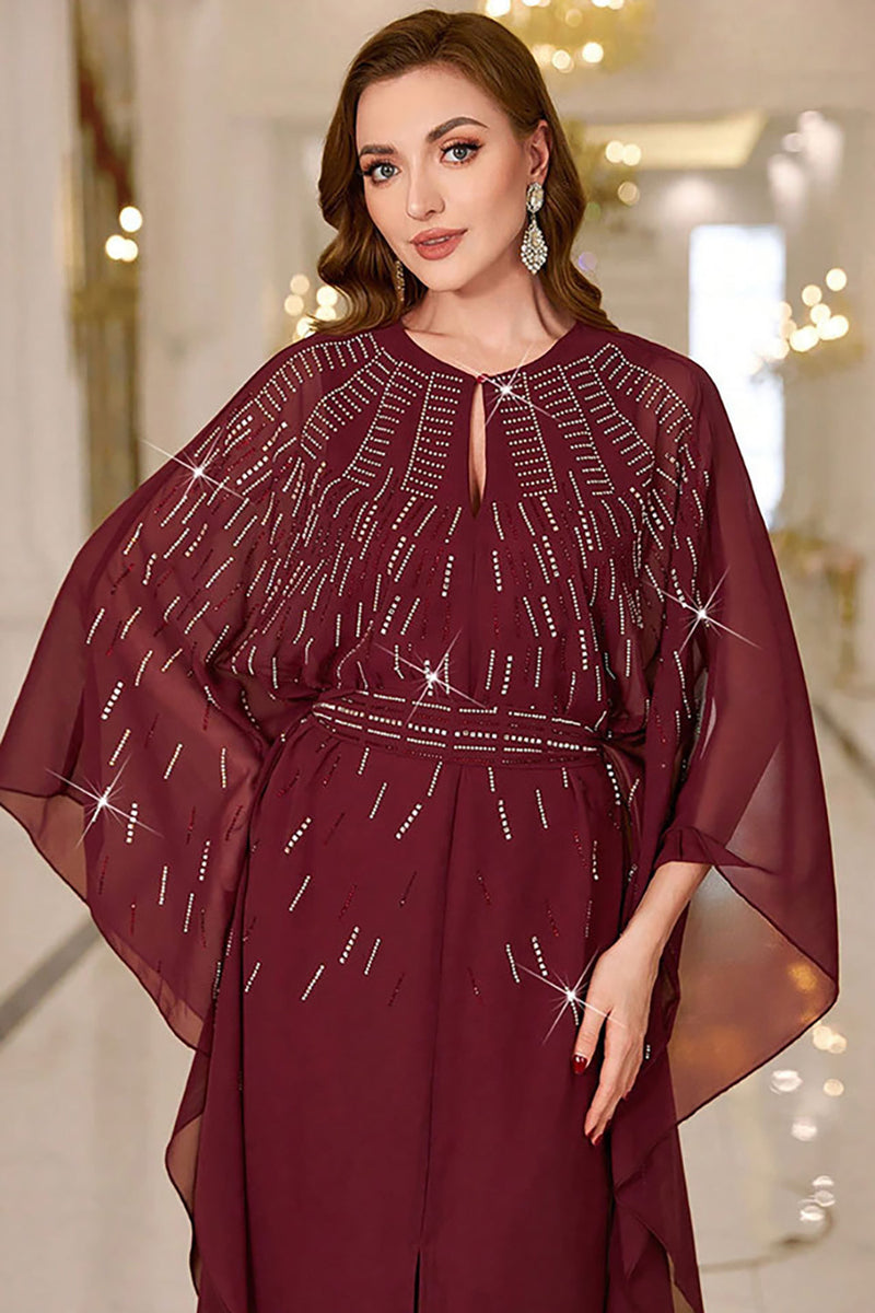 Load image into Gallery viewer, Sparkly Burgundy A Line Round Neck Long Sleeves Prom Dress