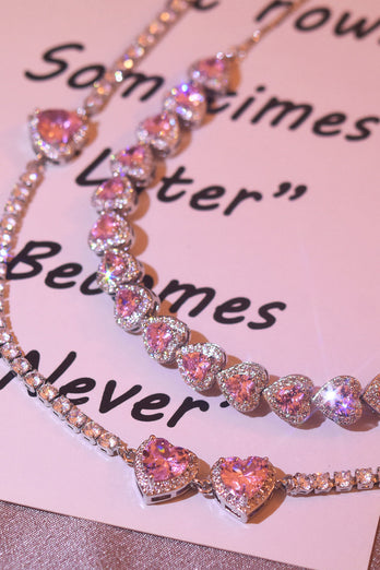 Pink Sparkly Heart Rhinestones Necklace