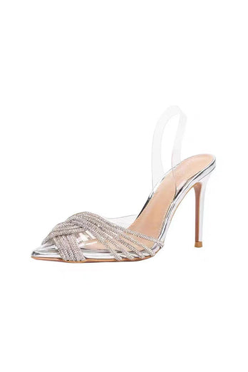 Silver Rhinestone Transparent Strap Stiletto High Heels Sandals