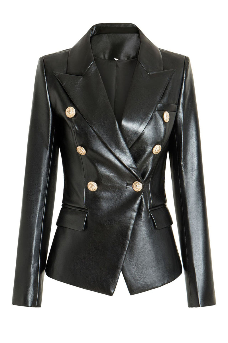 Load image into Gallery viewer, Black Peak Lapel PU Leather Women Blazer