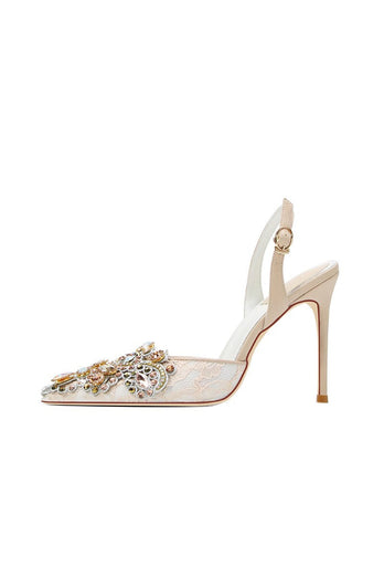 Sparkly Apricot Rhinestones Lace High Heels