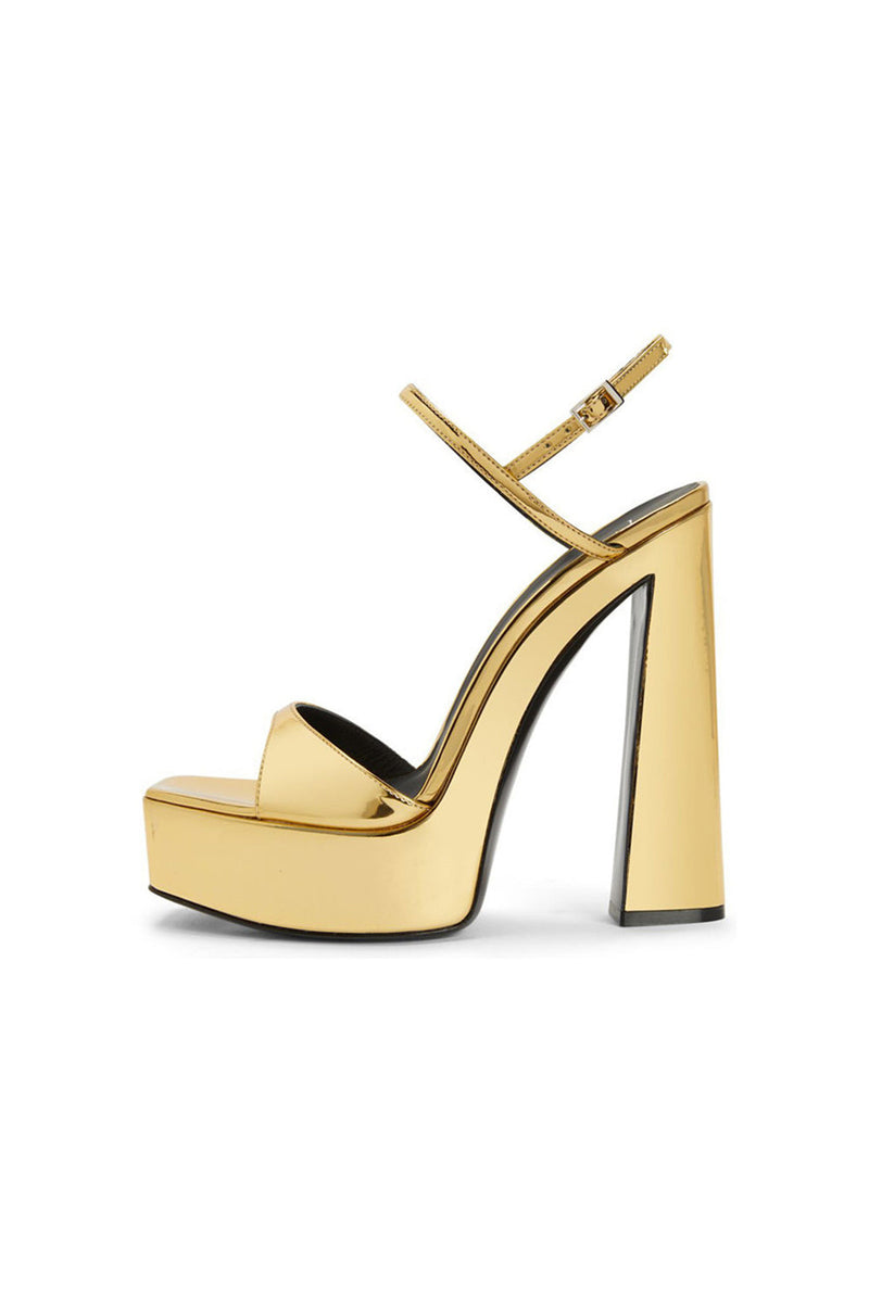 Load image into Gallery viewer, Golden Open Toe Ankle Strap Chunky Heel Sandals