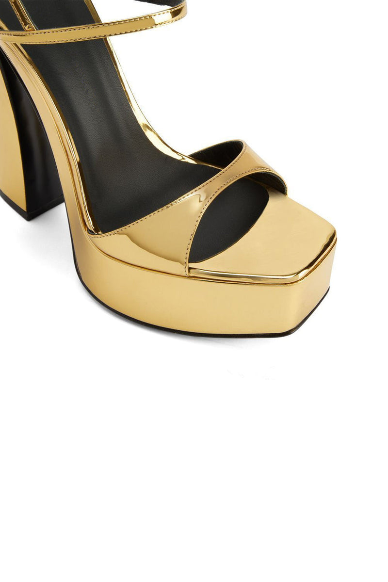 Load image into Gallery viewer, Golden Open Toe Ankle Strap Chunky Heel Sandals