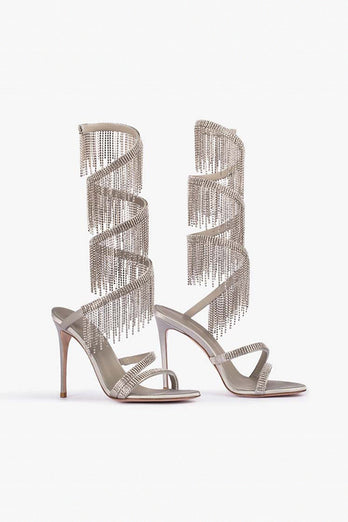 Sparkly Silver Beading Strappy Tassels Open Toe High Heels