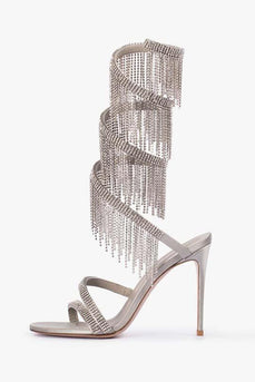 Sparkly Silver Beading Strappy Tassels Open Toe High Heels