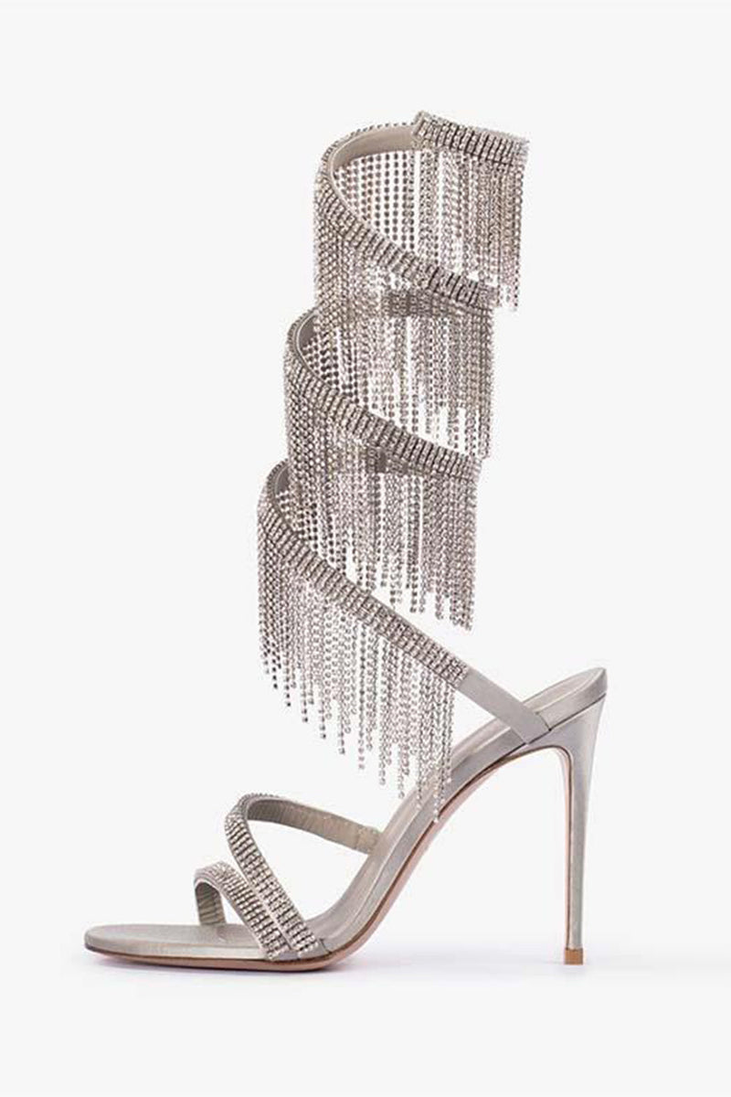 Load image into Gallery viewer, Sparkly Silver Beading Strappy Tassels Open Toe High Heels