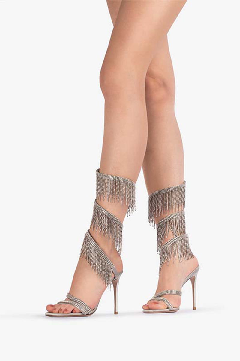 Load image into Gallery viewer, Sparkly Silver Beading Strappy Tassels Open Toe High Heels